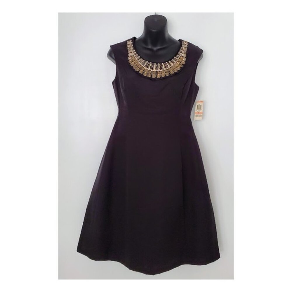 NWT Black Knee-Length Sleeveless A-Line Jeweled Bib Neckline Alfani Dress Size 2
